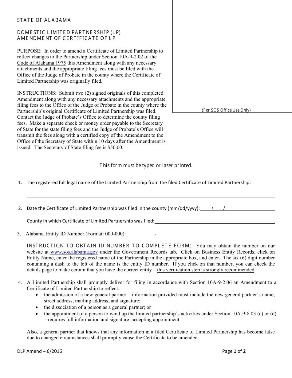 Domestic Limited Partnership (Lp) Amendment of Certificate of Lp - Alabama, Page 1