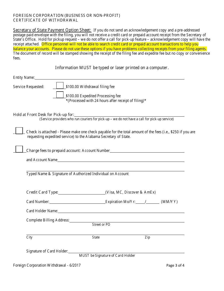 Foreign Corporation (Business or Non-profit) Certificate of Withdrawal - Alabama, Page 3