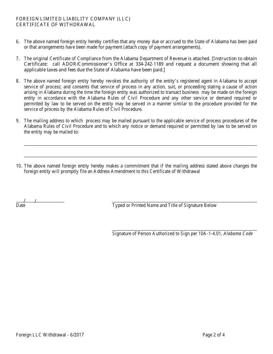 Foreign Limited Liability Company (LLC) Certificate of Withdrawal - Alabama, Page 2