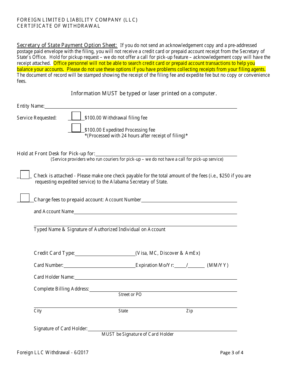 Foreign Limited Liability Company (LLC) Certificate of Withdrawal - Alabama, Page 3