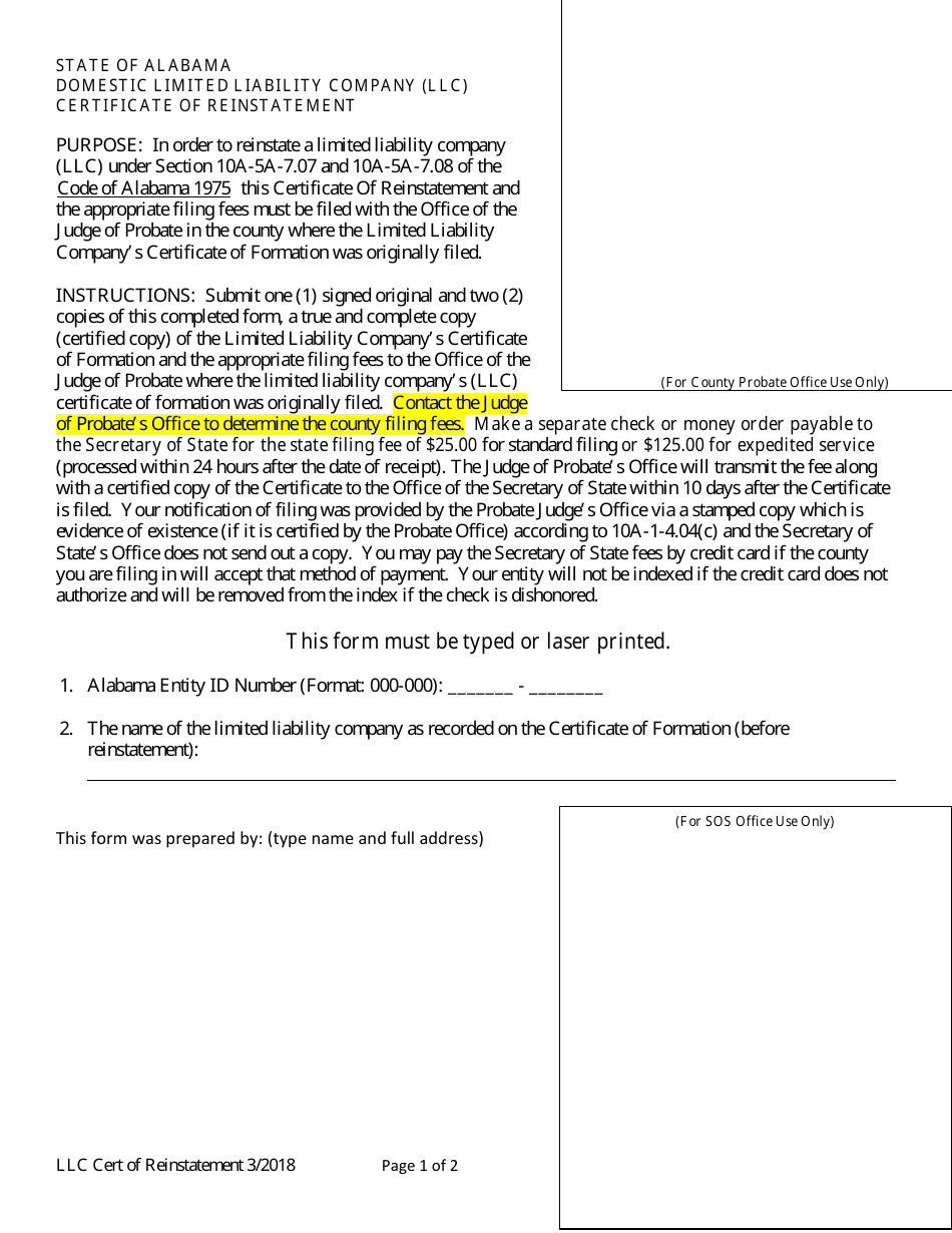 Alabama Domestic Limited Liability Company (LLC) Certificate of