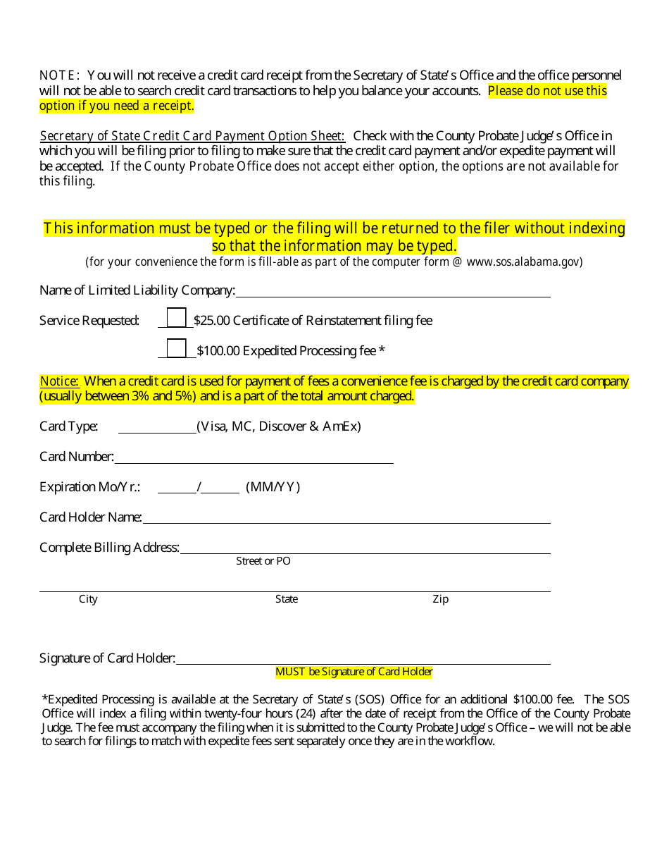 Domestic Limited Liability Company (LLC) Certificate of Reinstatement - Alabama, Page 3