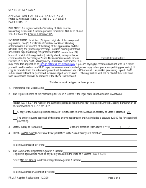 &quot;Application for Registration as a Foreign Registered Limited Liability Partnership&quot; - Alabama Download Pdf