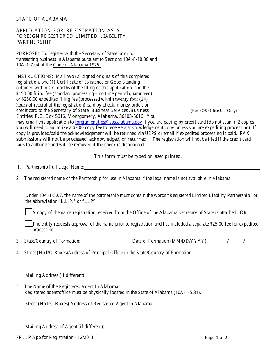 Application for Registration as a Foreign Registered Limited Liability Partnership - Alabama, Page 1