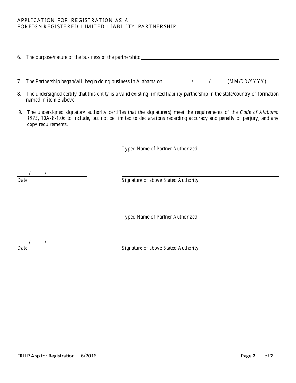 Application for Registration as a Foreign Registered Limited Liability Partnership - Alabama, Page 2