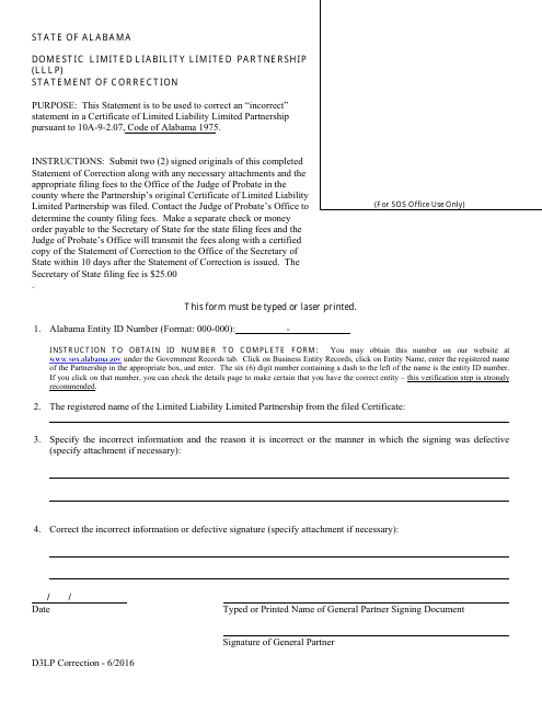Domestic Limited Liability Limited Partnership (Lllp) Statement of Correction - Alabama Download Pdf
