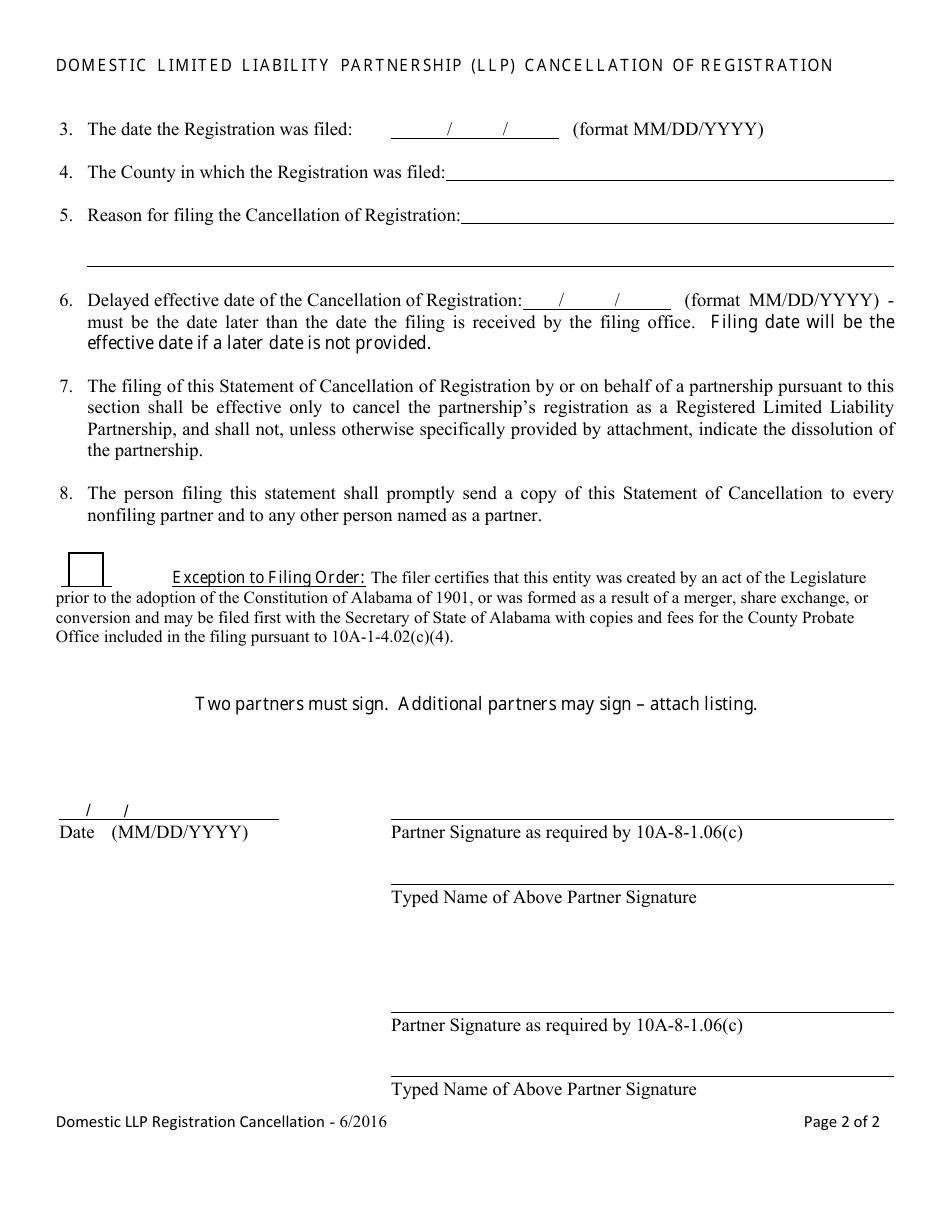 Domestic Limited Liability Partnership (LLP ) Statement of Cancellation of Registration - Alabama, Page 2