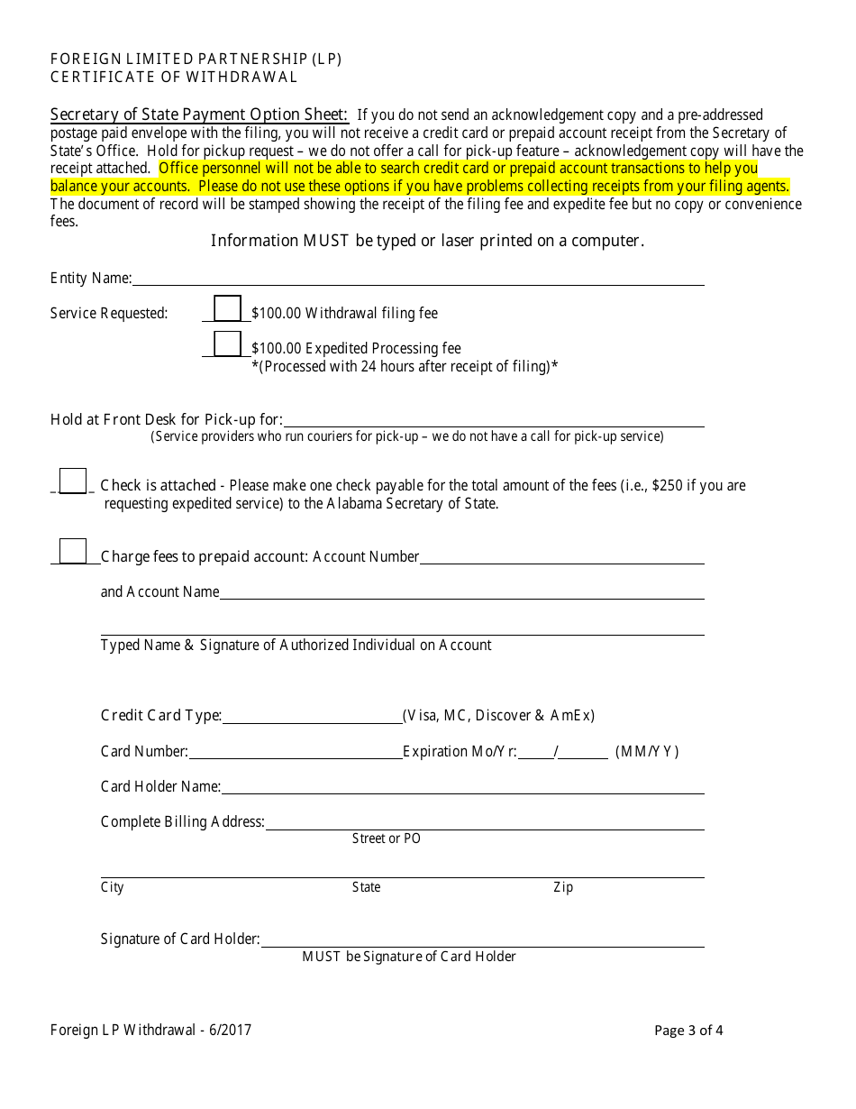 Foreign Limited Partnership (Lp) Certificate of Withdrawal - Alabama, Page 3