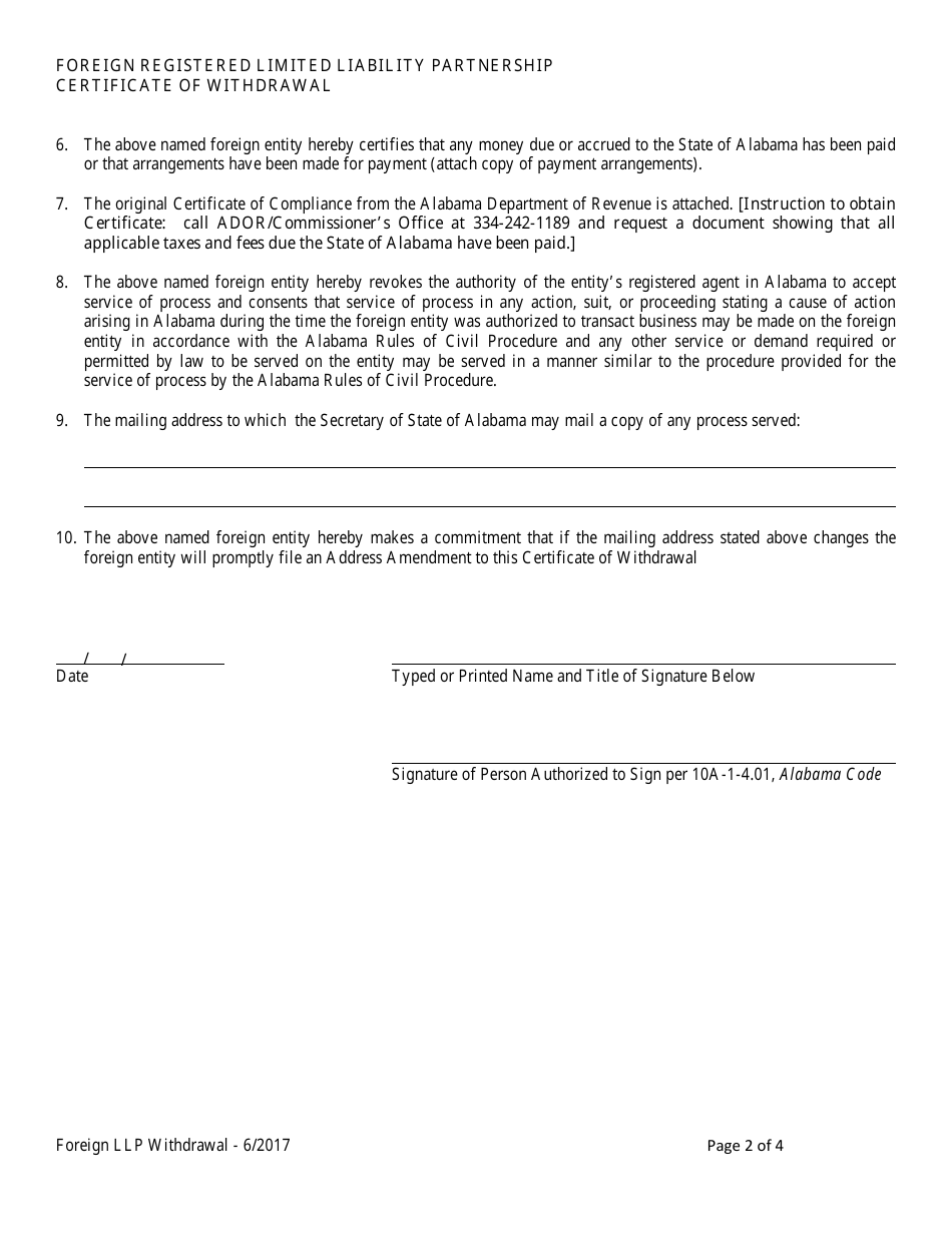 Foreign Registered Limited Liability Partnership Certificate of Withdrawal - Alabama, Page 2