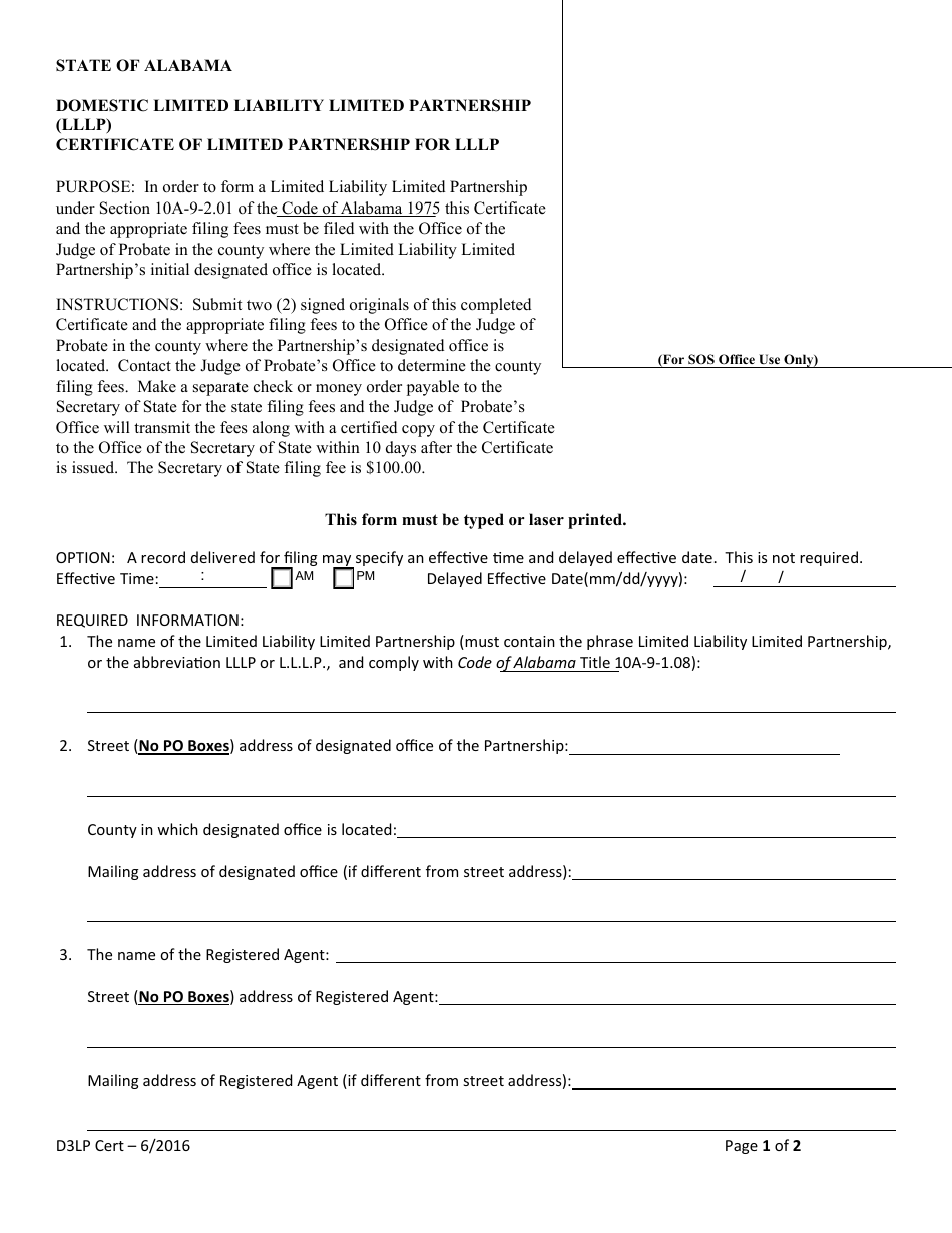 Domestic Limited Liability Limited Partnership (Lllp) Certificate of Limited Partnership for Lllp - Alabama, Page 1