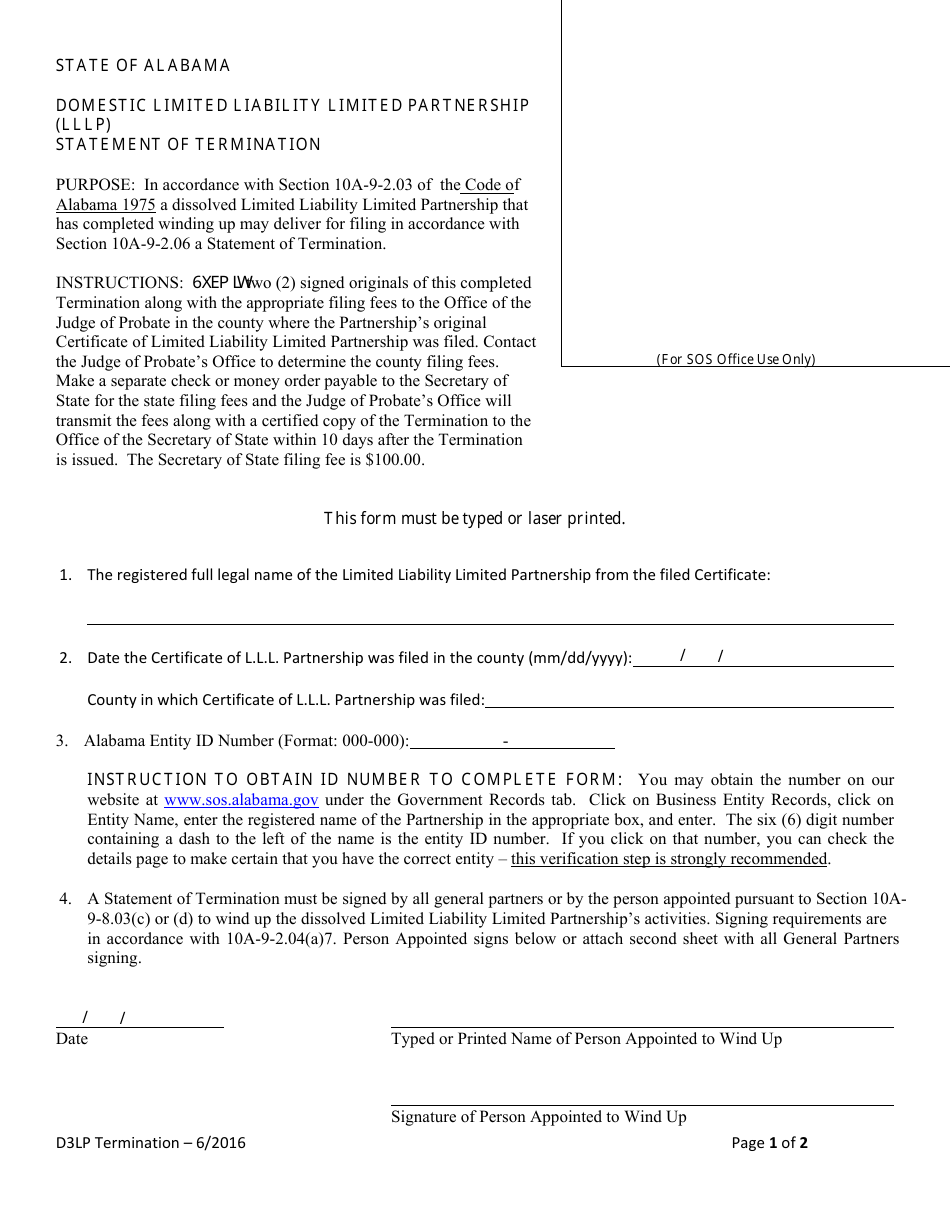 Domestic Limited Liability Limited Partnership (Lllp) Statement of Termination - Alabama, Page 1