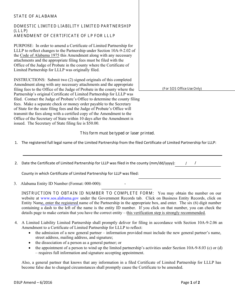 Alabama Domestic Limited Liability Limited Partnership Lllp Amendment Of Certificate Of Lp For 4058