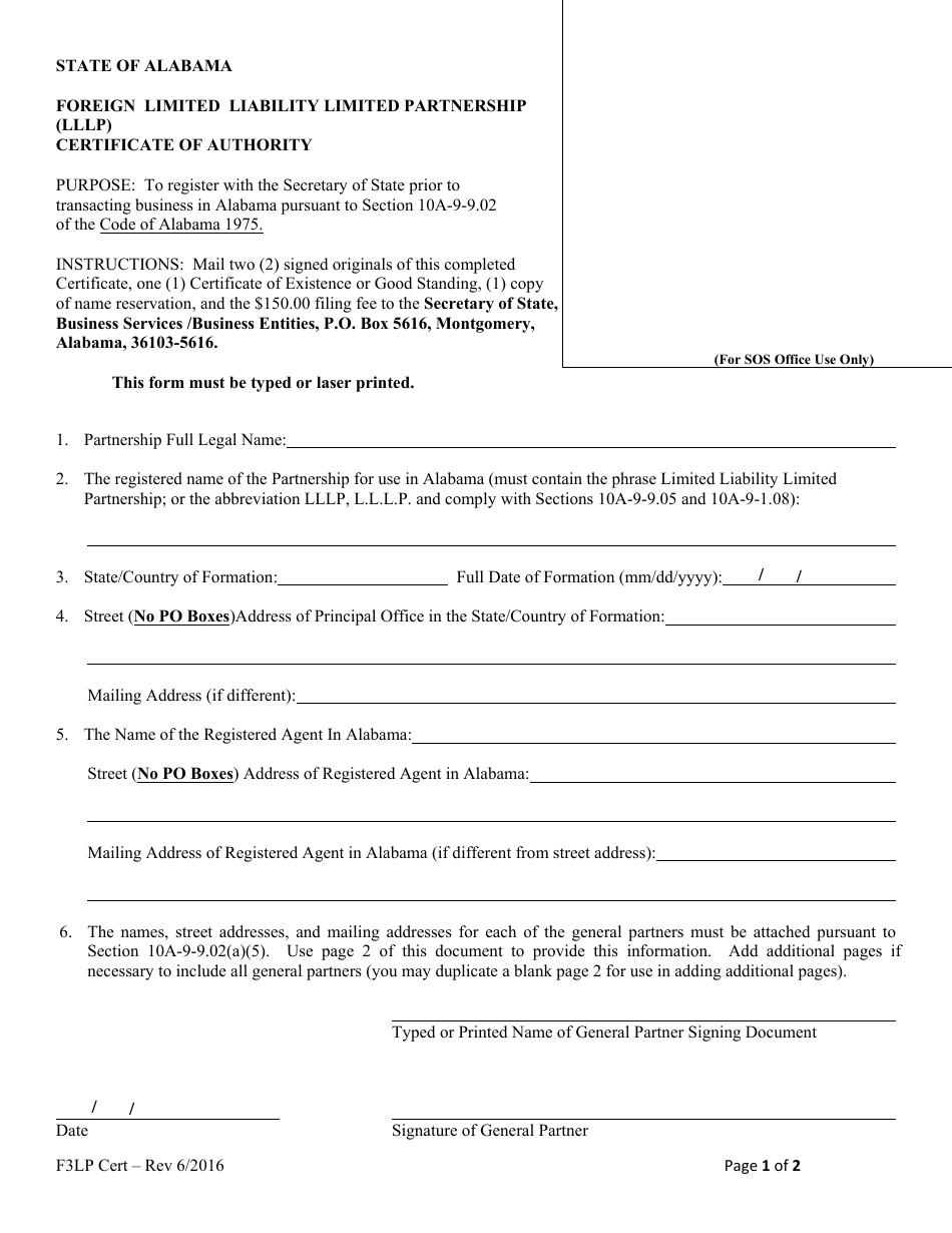 Form F3LP Foreign Limited Liability Limited Partnership (Lllp) Certificate of Authority - Alabama, Page 1