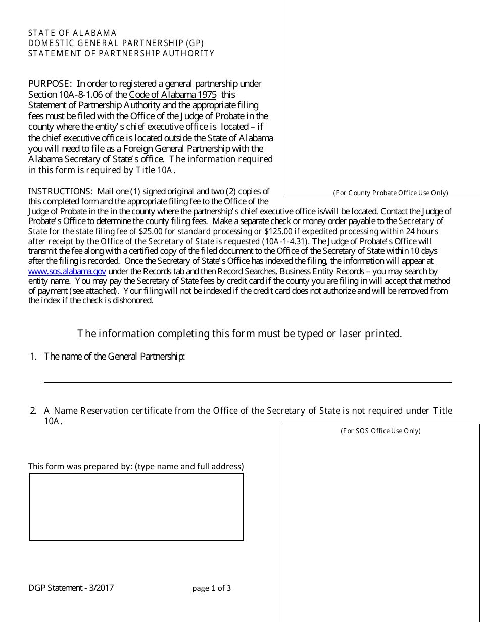 Domestic General Partnership (Gp) Statement of Partnership Authority - Alabama, Page 1