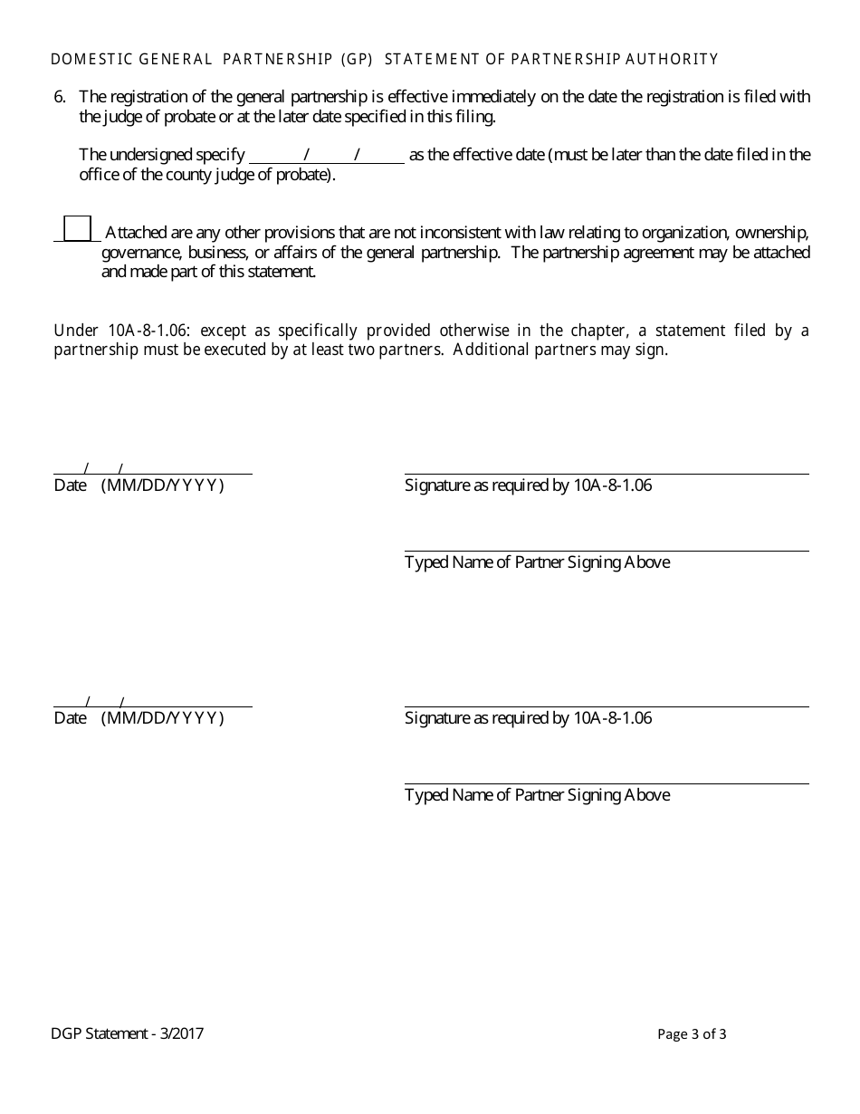 Domestic General Partnership (Gp) Statement of Partnership Authority - Alabama, Page 3