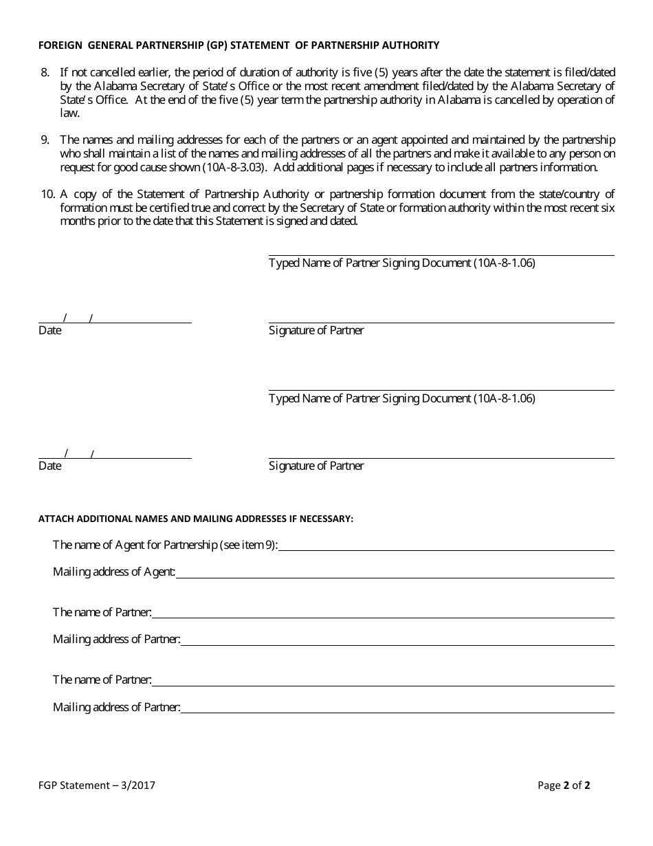 Foreign General Partnership (Gp) Statement of Partnership Authority - Alabama, Page 2