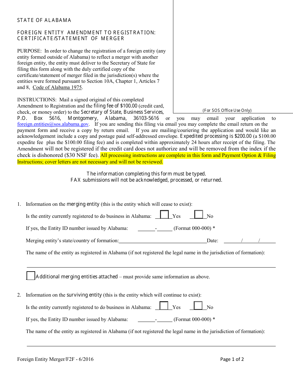 Form F2F Foreign Entity Amendment to Registration - Certificate / Statement of Merger - Alabama, Page 1
