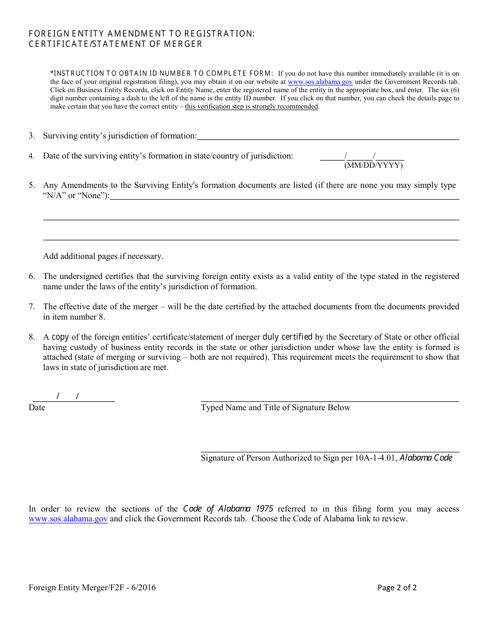 Form F2F Foreign Entity Amendment to Registration - Certificate / Statement of Merger - Alabama, Page 2