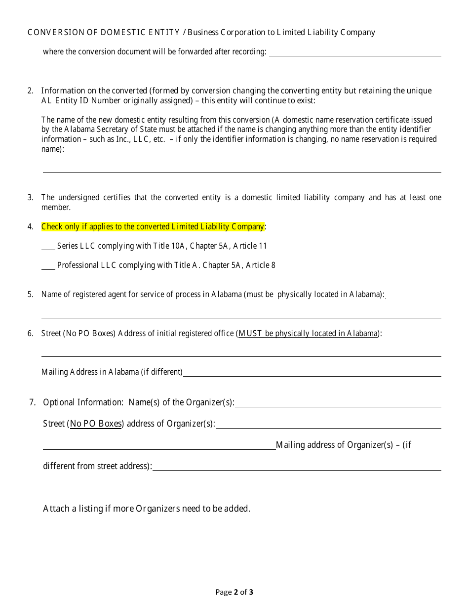 Conversion of a Domestic Entity - Business Corporation to Limited Liability Company - Alabama, Page 2