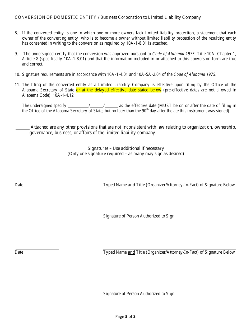 Conversion of a Domestic Entity - Business Corporation to Limited Liability Company - Alabama, Page 3