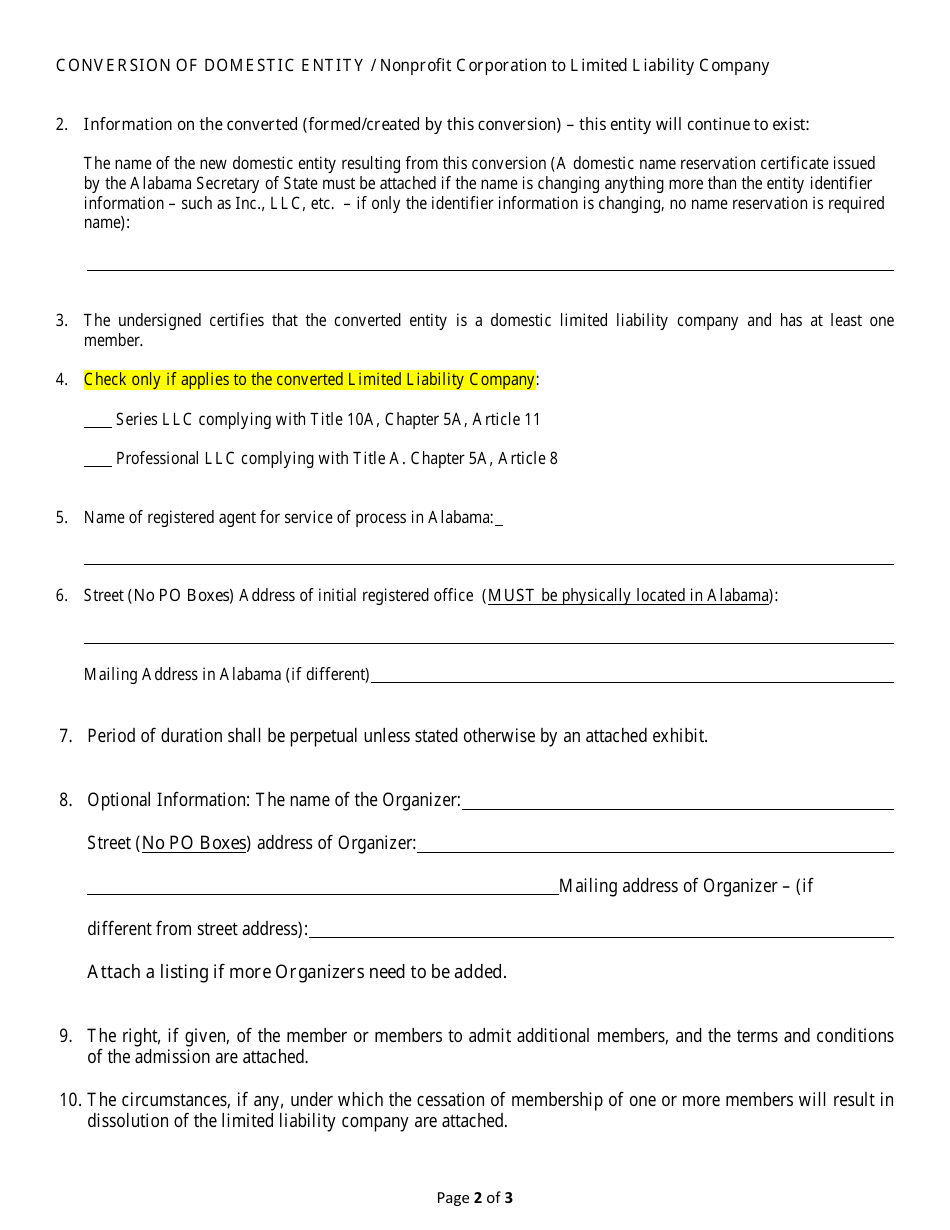 Conversion of a Domestic Entity - Nonprofit Corporation to Limited Liability Company - Alabama, Page 2