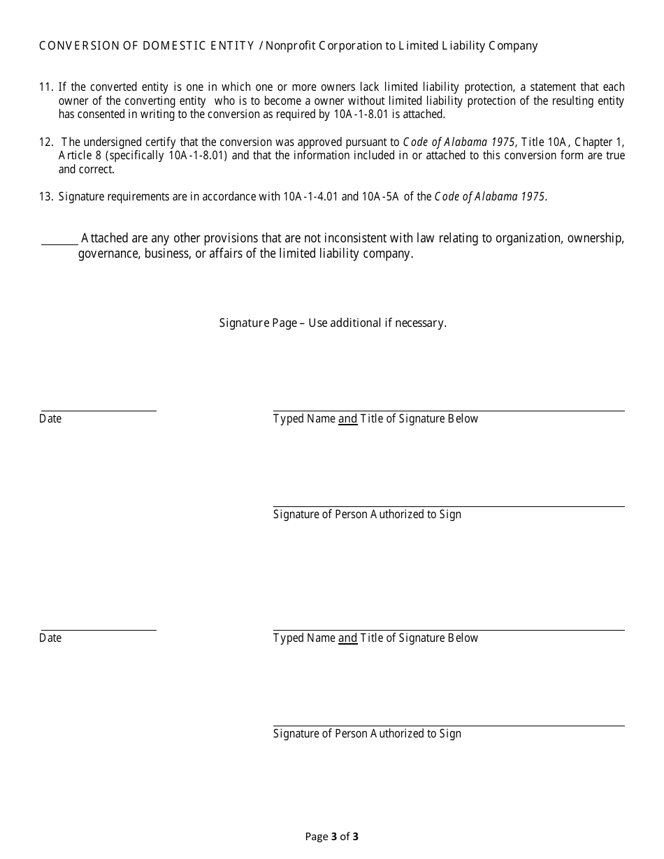 Conversion of a Domestic Entity - Nonprofit Corporation to Limited Liability Company - Alabama, Page 3
