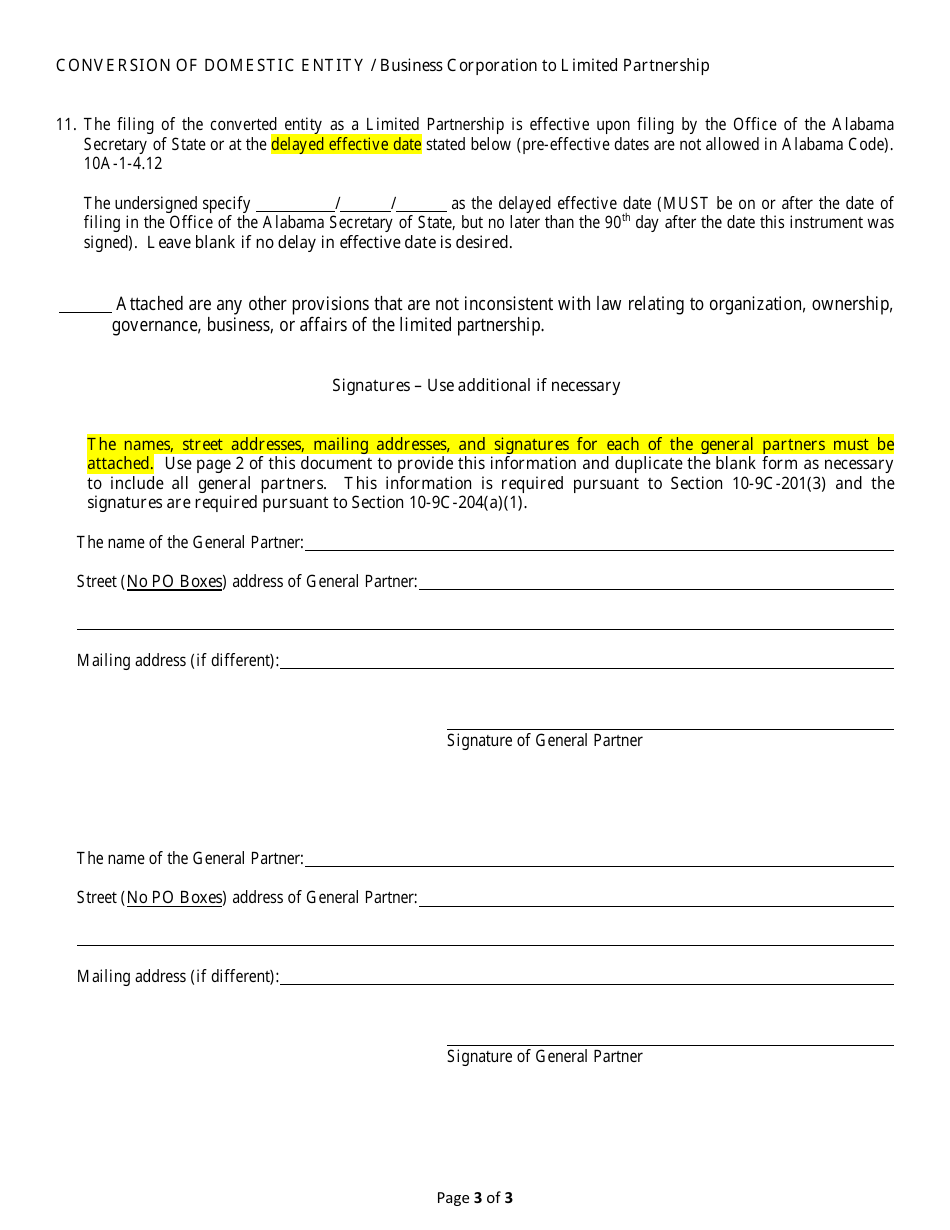 Conversion of a Domestic Entity - Business Corporation to Limited Partnership - Alabama, Page 3
