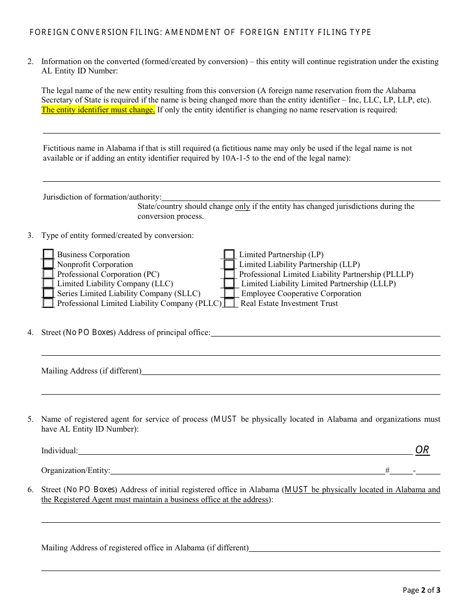 Foreign Conversion Filing - Amendment of Foreign Entity Filing Type - Alabama, Page 2