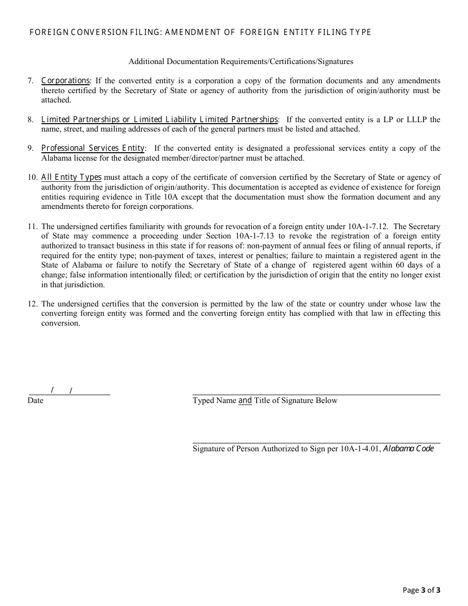 Foreign Conversion Filing - Amendment of Foreign Entity Filing Type - Alabama, Page 3