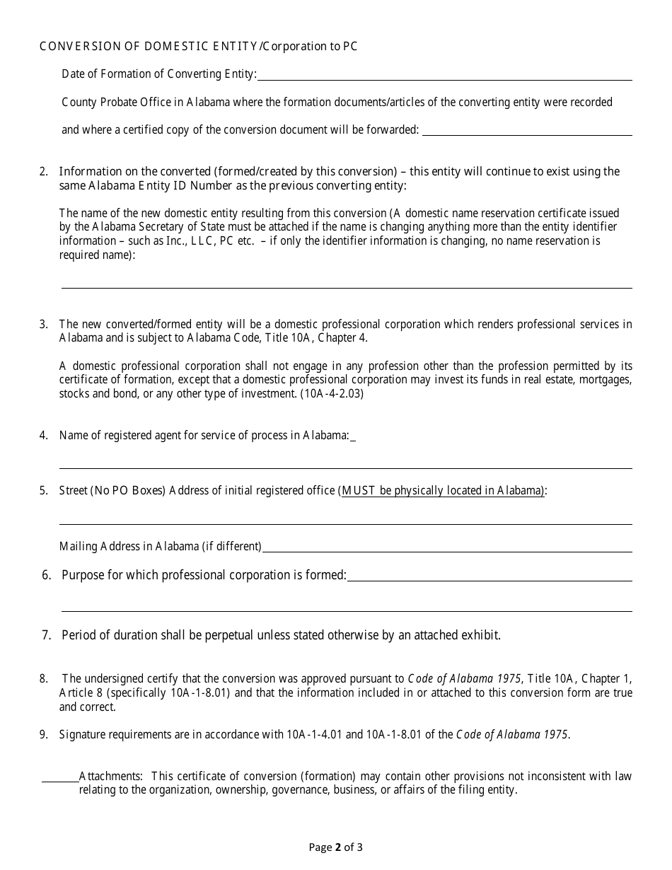 Conversion of a Domestic Entity - Corporation to Professional Corporation - Alabama, Page 2