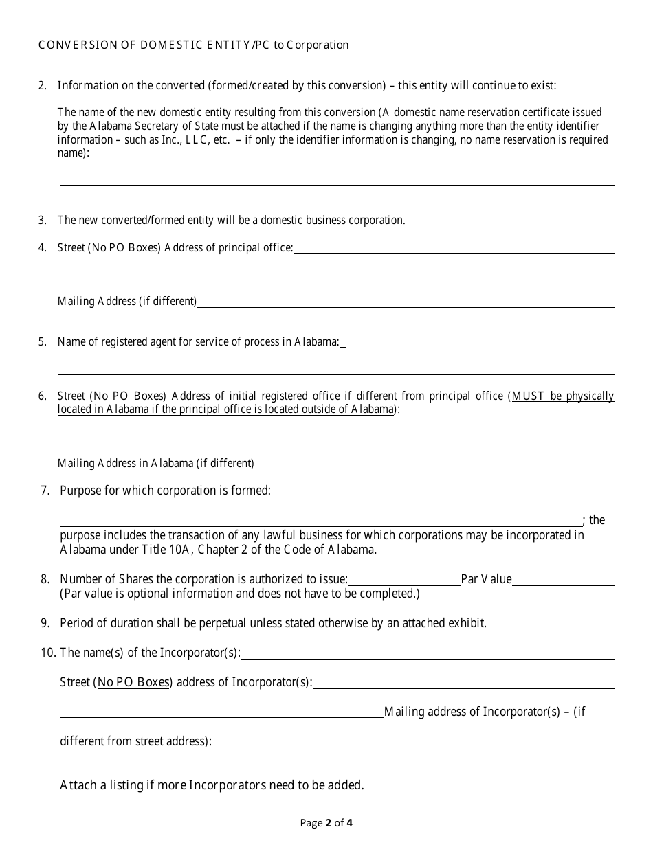 Conversion of a Domestic Entity - Professional Corporation to Business Corporation - Alabama, Page 2