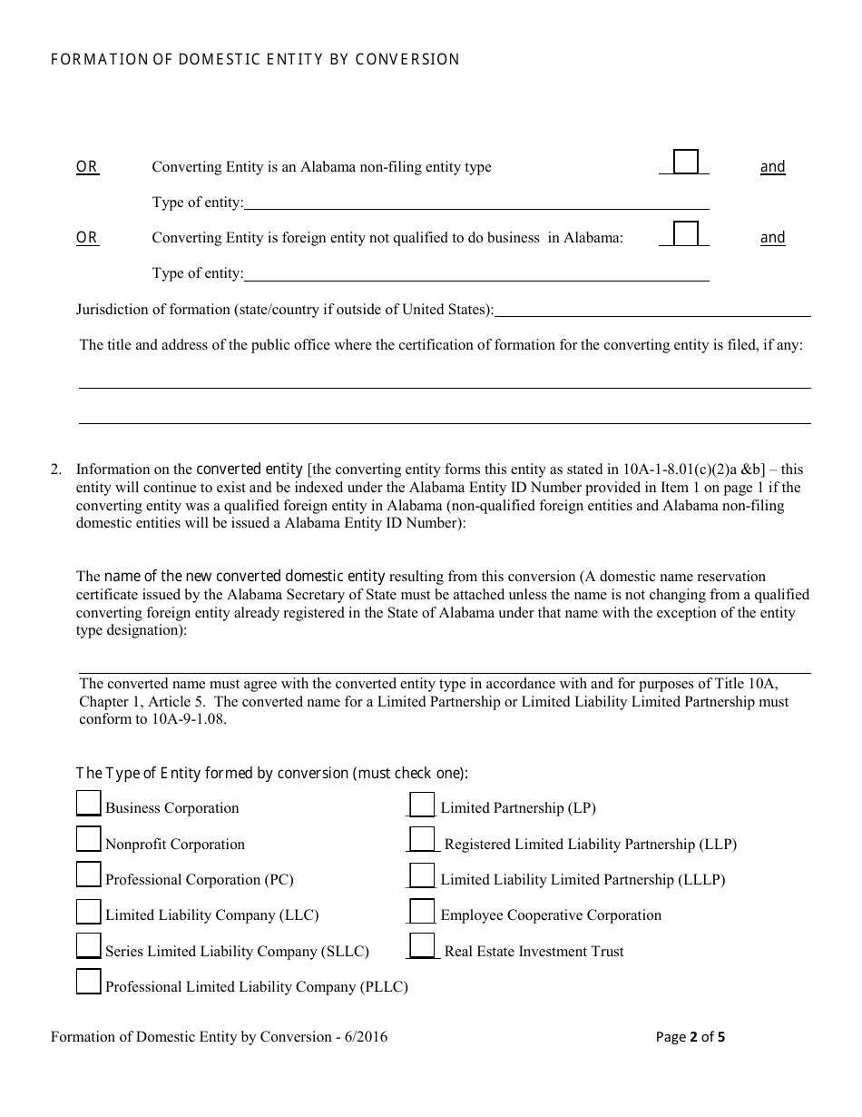 Statement of Conversion Foreign or Non-registered Alabama Entity to Registered Domestic Entity (Formation of Domestic Entity by Conversion) - Alabama, Page 2