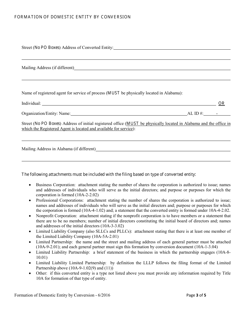 Statement of Conversion Foreign or Non-registered Alabama Entity to Registered Domestic Entity (Formation of Domestic Entity by Conversion) - Alabama, Page 3