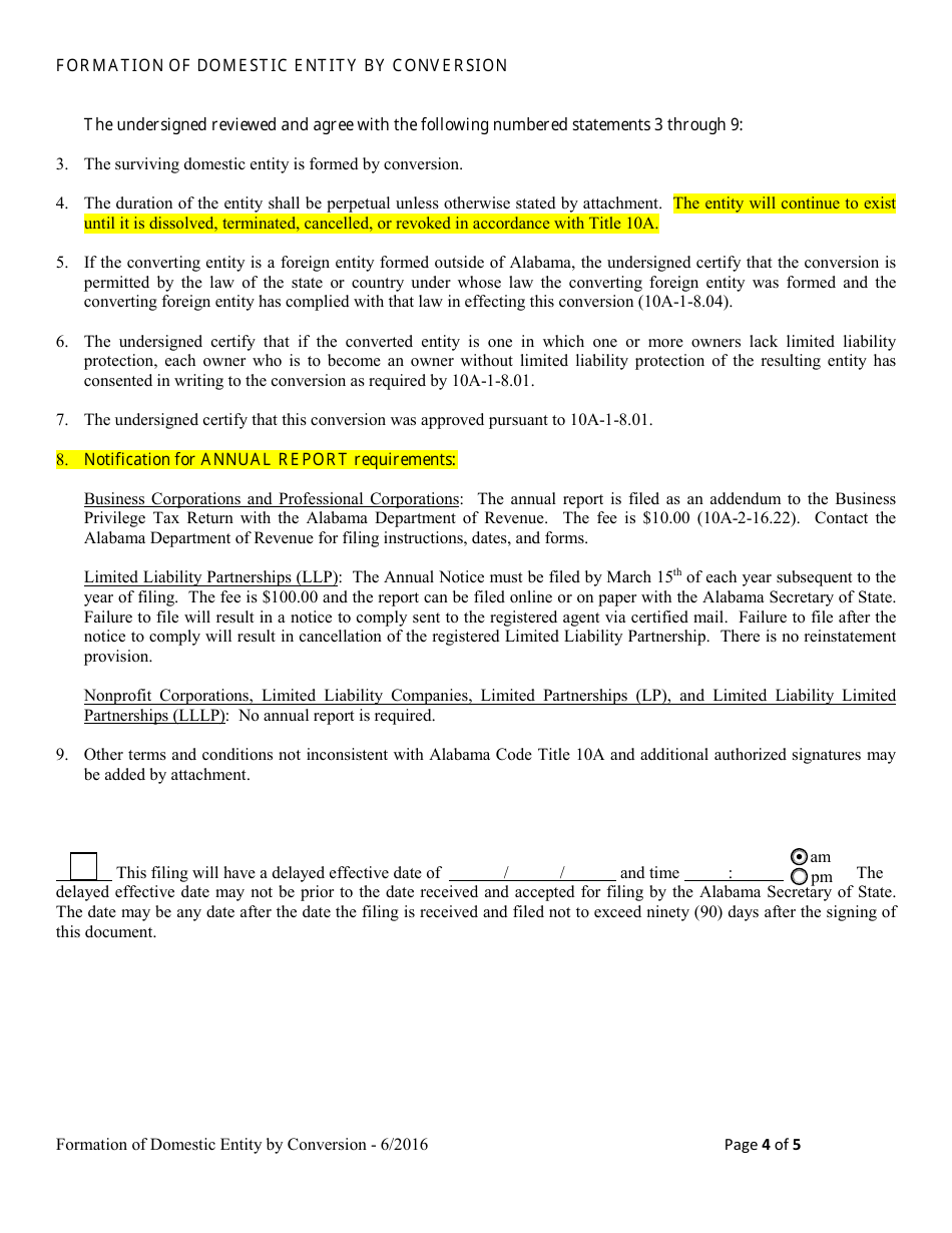 Statement of Conversion Foreign or Non-registered Alabama Entity to Registered Domestic Entity (Formation of Domestic Entity by Conversion) - Alabama, Page 4
