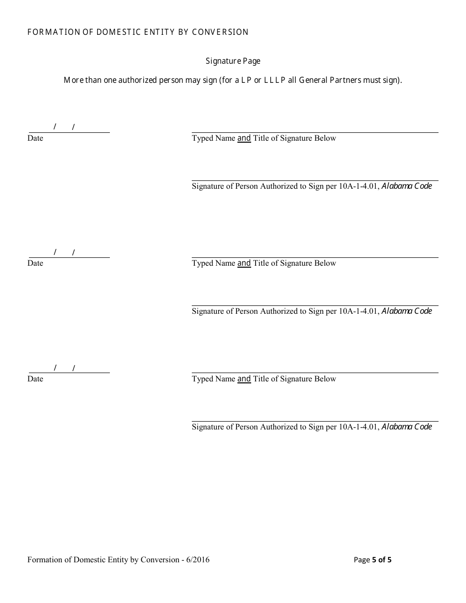Statement of Conversion Foreign or Non-registered Alabama Entity to Registered Domestic Entity (Formation of Domestic Entity by Conversion) - Alabama, Page 5