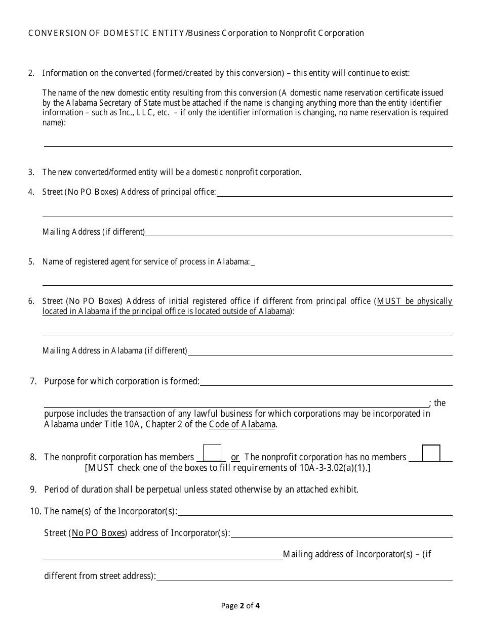 Conversion of a Domestic Entity - Business Corporation to Nonprofit Corporation - Alabama, Page 2