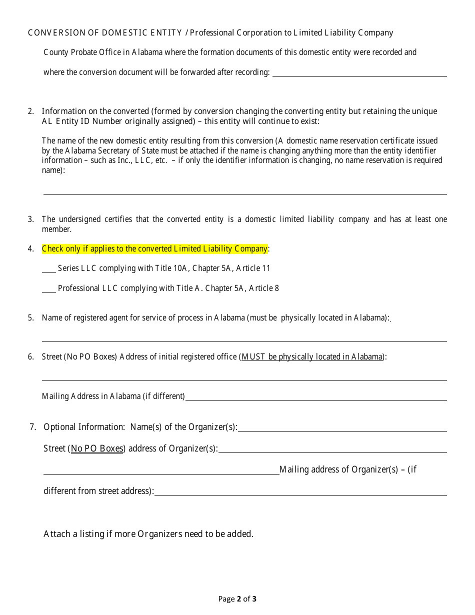 Conversion of a Domestic Entity - Professional Corporation to Limited Liability Company - Alabama, Page 2