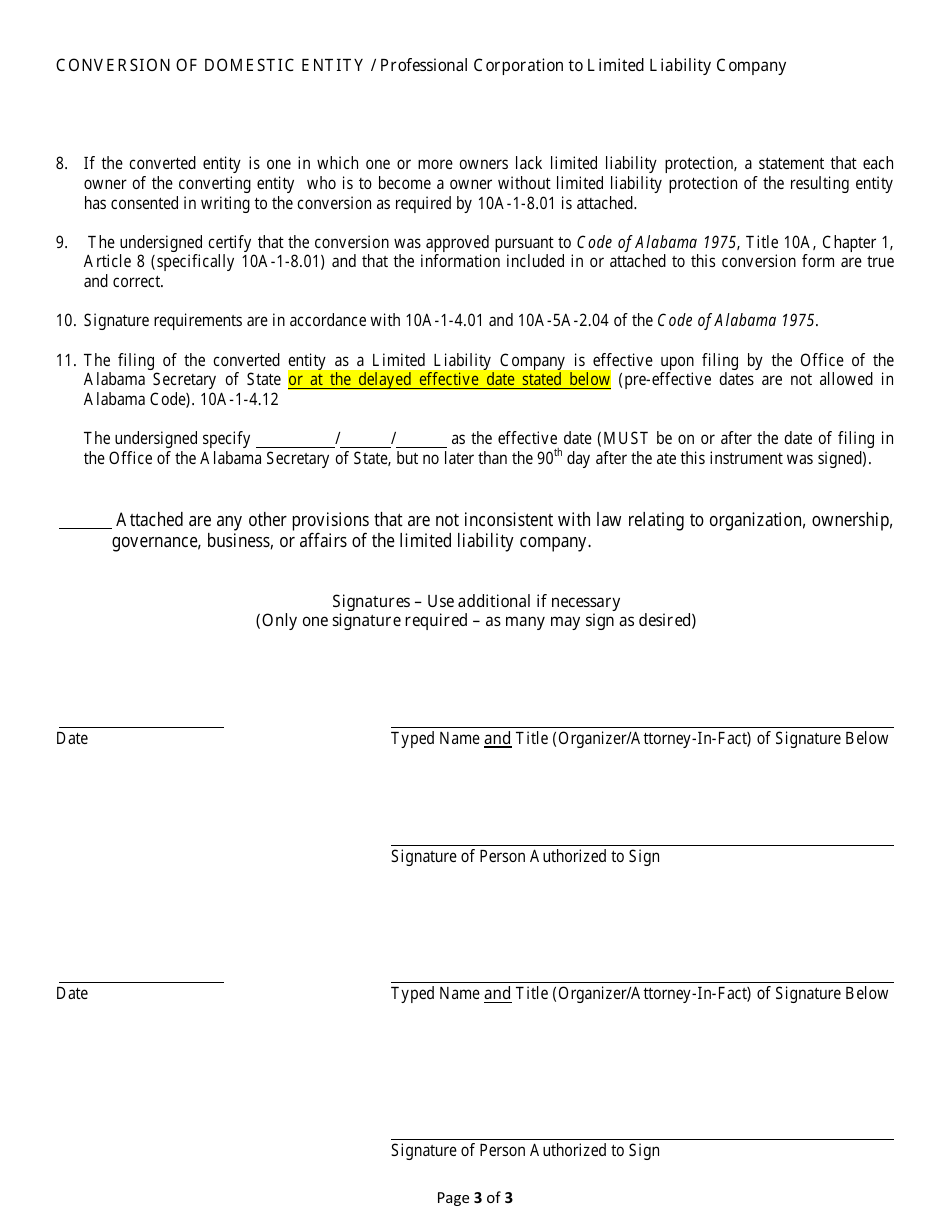 Conversion of a Domestic Entity - Professional Corporation to Limited Liability Company - Alabama, Page 3