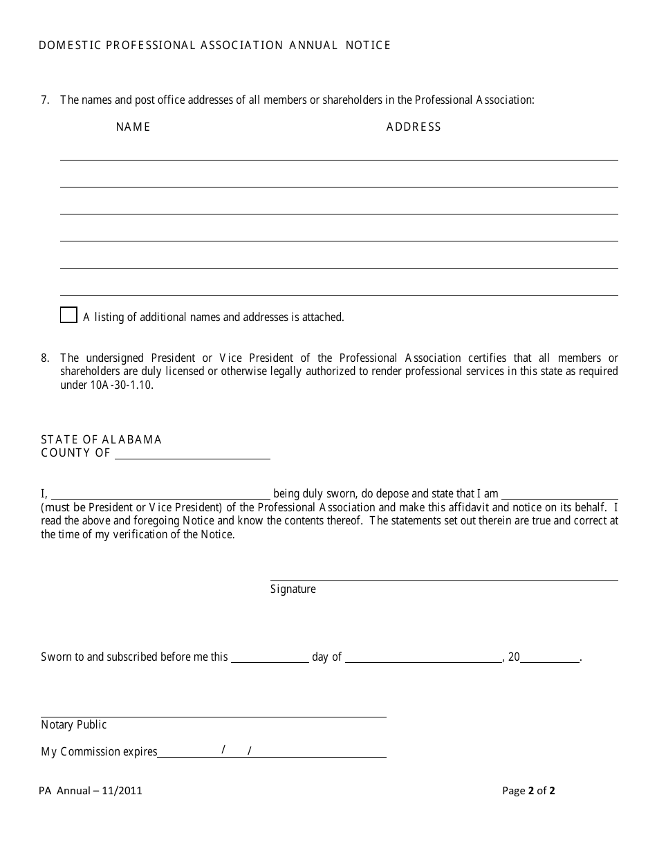 Domestic Professional Association Annual Renewal Notice - Alabama, Page 2