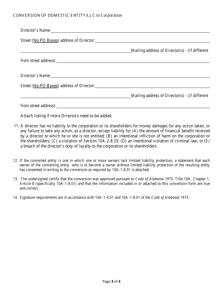 Conversion of a Domestic Entity - Limited Liability Company to Corporation - Alabama, Page 3