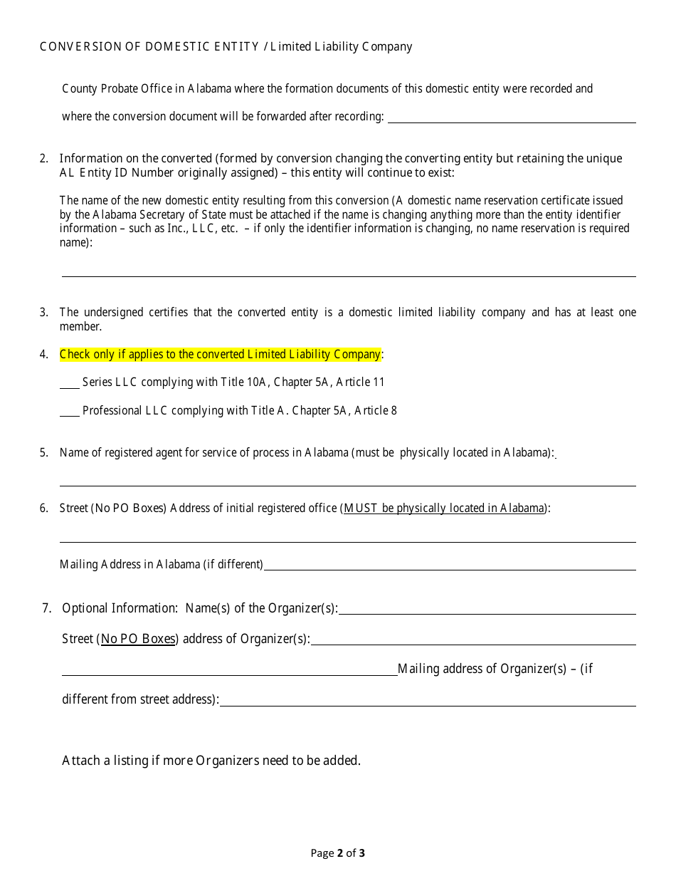 Conversion of a Domestic Entity - Limited Liability Company - Alabama, Page 2