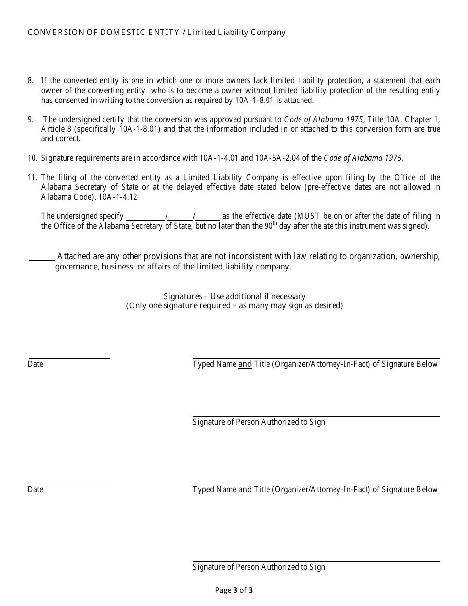 Conversion of a Domestic Entity - Limited Liability Company - Alabama, Page 3