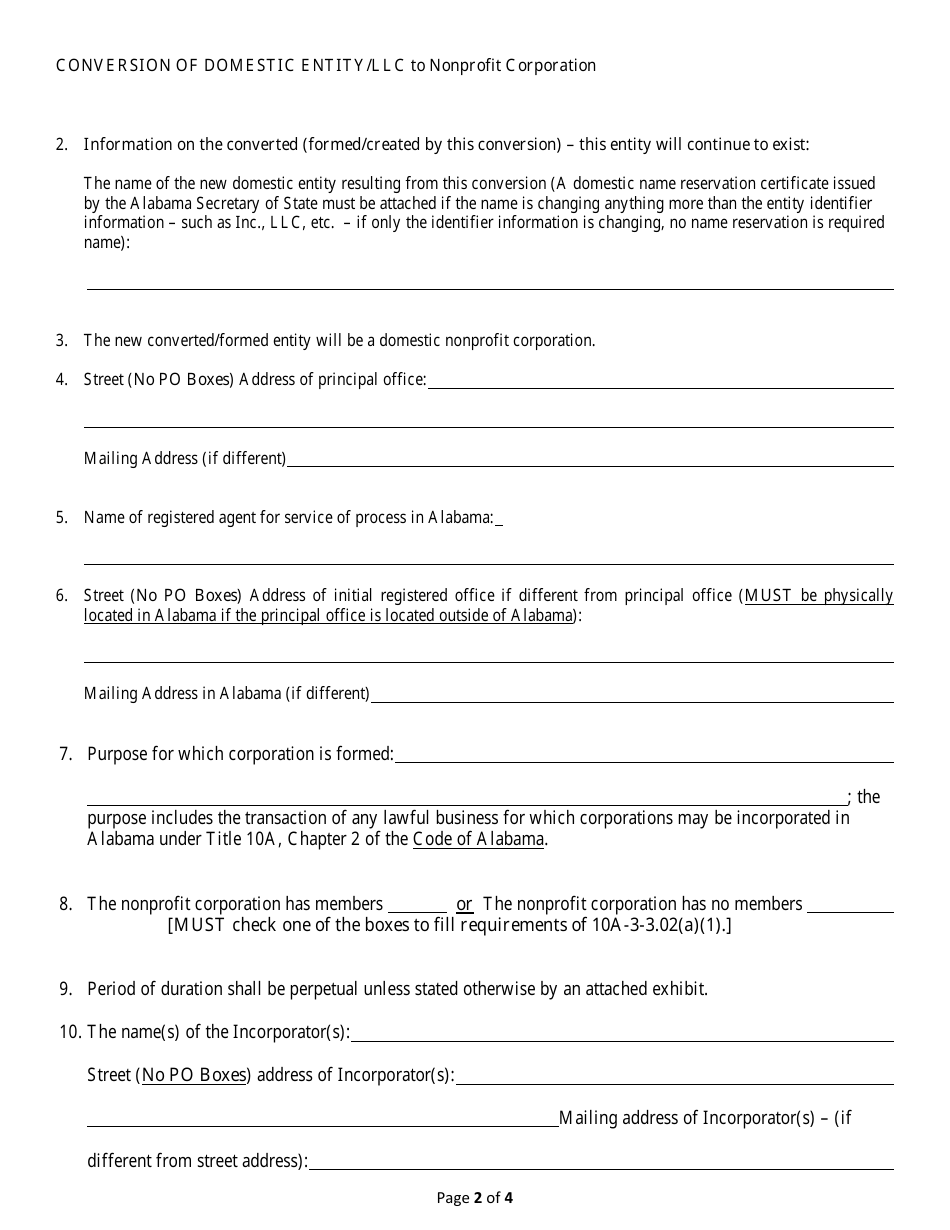 Conversion of a Domestic Entity - Limited Liability Company to Nonprofit Corporation - Alabama, Page 2