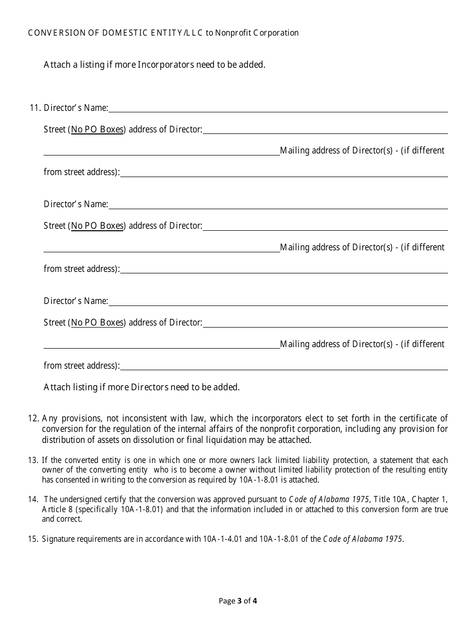 Conversion of a Domestic Entity - Limited Liability Company to Nonprofit Corporation - Alabama, Page 3