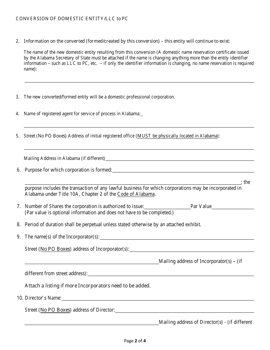 Conversion of a Domestic Entity - Limited Liability Company to Professional Corporation - Alabama, Page 2