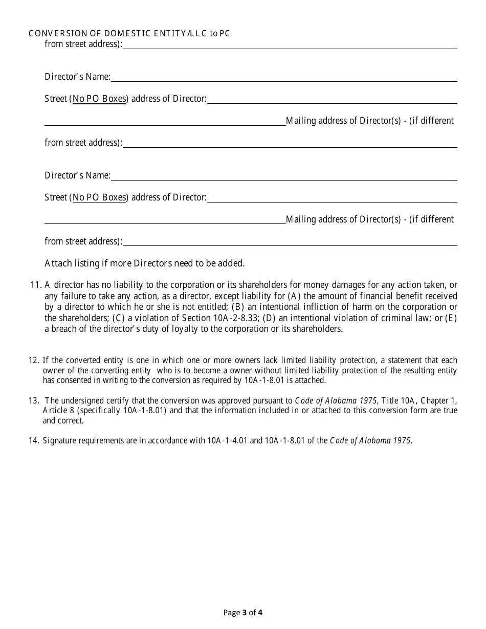 Conversion of a Domestic Entity - Limited Liability Company to Professional Corporation - Alabama, Page 3