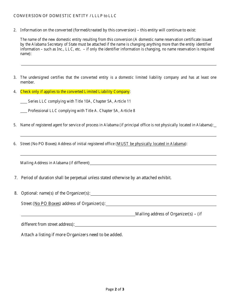 Conversion of a Domestic Entity - Limited Liability Limited Partnership to Limited Liability Company - Alabama, Page 2