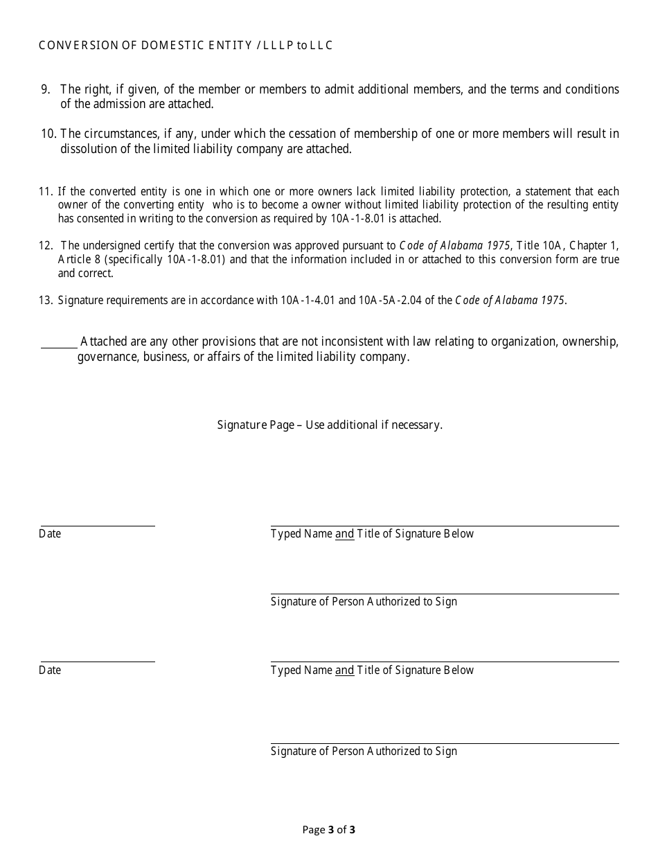 Conversion of a Domestic Entity - Limited Liability Limited Partnership to Limited Liability Company - Alabama, Page 3