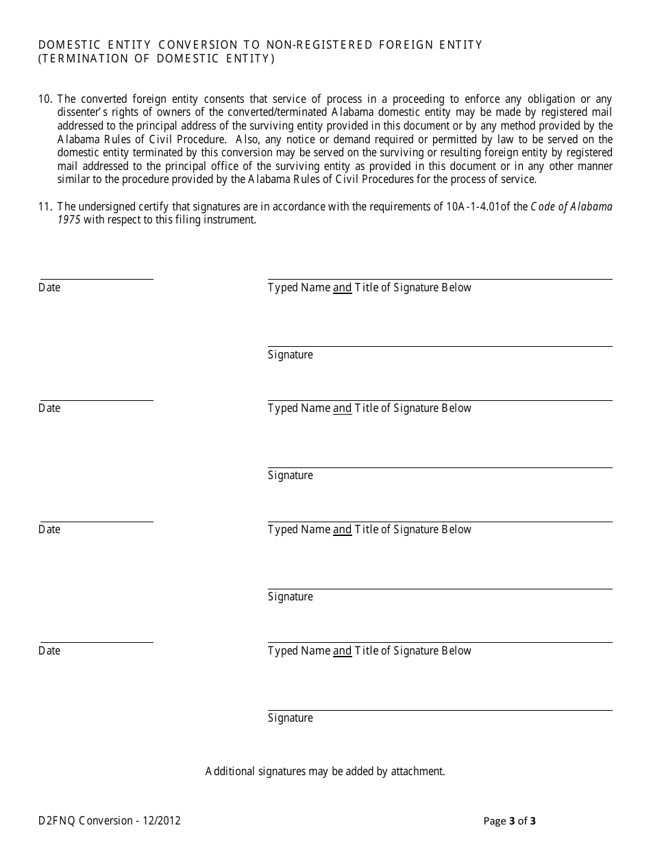 Form D2FNQ Domestic Entity Conversion to Non-registered Foreign Entity (Termination of Domestic Entity) - Alabama, Page 3