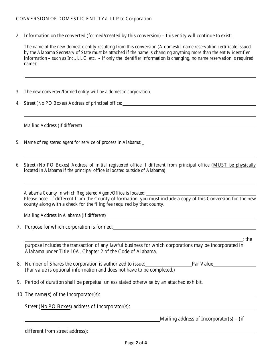 Conversion of a Domestic Entity - Limited Liability Limited Partnership to Corporation - Alabama, Page 2